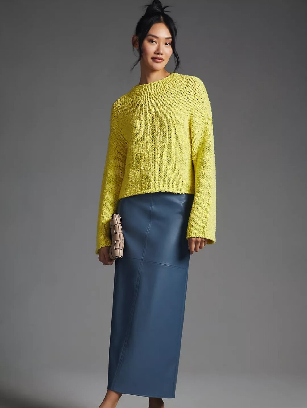 ✨ A by Anthropologie Chartreuse Chunky Knit Cropped Sweater Size L✨